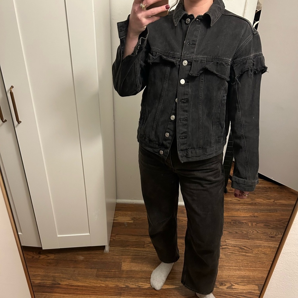 TOPSHOP Black Ruffle Denim Moto Jacket